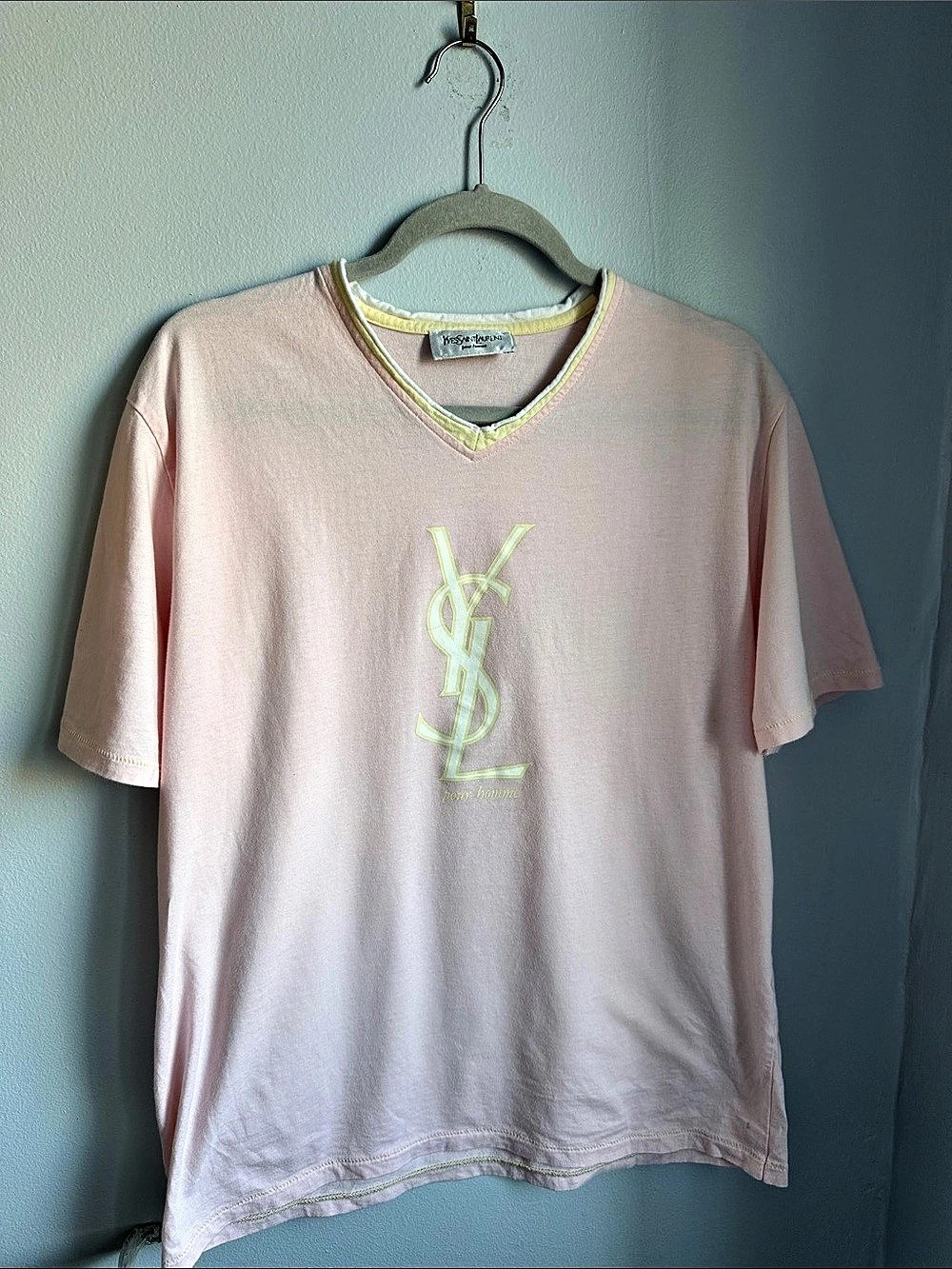 Vintage Yves Saint Laurent Cotton Logo V-Neck Tee in Pink